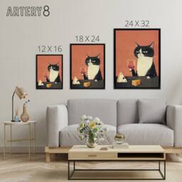 "Artery8 Tuxedo Cat Drinking Wine With Cheese Framed Canvas Wall Art Print in Orange - Size: W12"" x H16""" - thumbnail 4