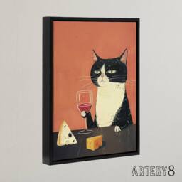 "Artery8 Tuxedo Cat Drinking Wine With Cheese Framed Canvas Wall Art Print in Orange - Size: W12"" x H16""" - thumbnail 2