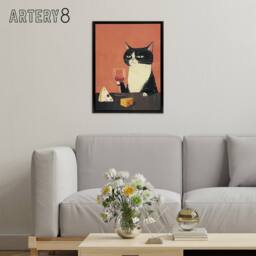 "Artery8 Tuxedo Cat Drinking Wine With Cheese Framed Canvas Wall Art Print in Orange - Size: W12"" x H16""" - thumbnail 3