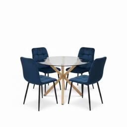 KOSY KOALA Round Glass Dining Table Set With 4 Blue velvet Chairs Furniture - thumbnail 2