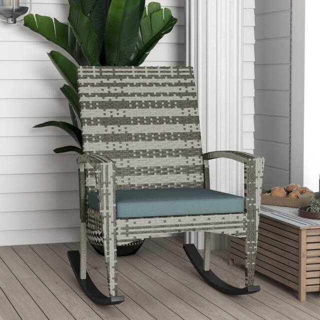 OUTSUNNY Garden Rattan Rocking Chair, Bistro Recliner Rocker Furniture Seater in Light Grey - image 1