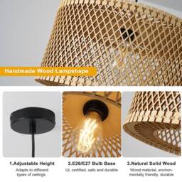 NIVOR 1 Light Farmhouse Boho Wooden Caged Pendant E27 Dimmable Adjustable in Tan - thumbnail 8