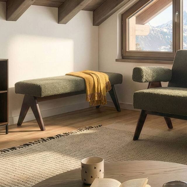 Wyld and Coco Boucle Bench Green and Brown with Rubberwood Legs - image 1