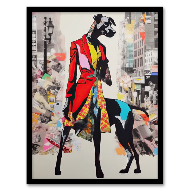 "Artery8 Wall Art Print The Dressed Doberman Dog Collage Vibrant Colourful Bold Pop Art Modern Painting Art Framed - Size: W12"" x H16""" - image 1