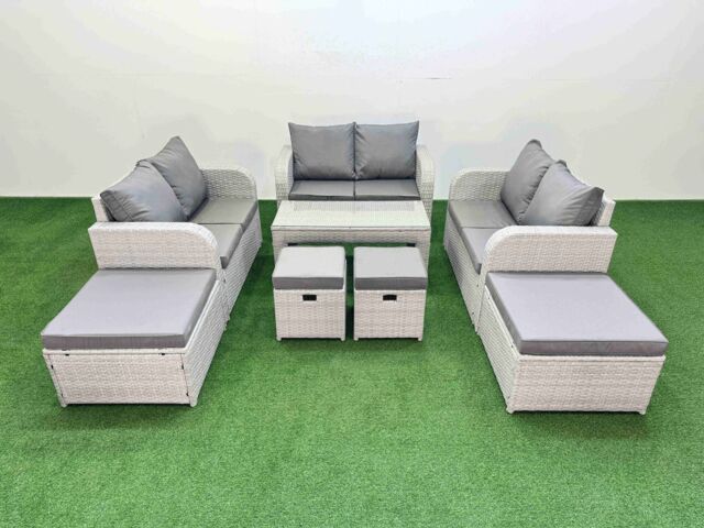 Fimous PE Wicker Rattan Furniture Sofa Sets with Coffee Table Stools in Light Grey - image 1