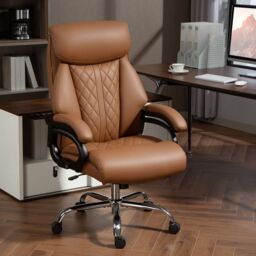 HOMCOM PU Leather Office Chair with Spring Padding, Swivel Wheels in Light Brown