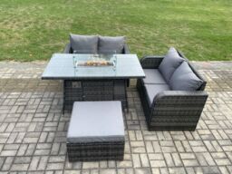 Fimous Rattan Garden Furniture Set with Gas Fire Pit Table Footstool 4 Pieces Outdoor Loveseat Sofa Set Dark Grey Mixed - thumbnail 3