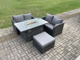Fimous Rattan Garden Furniture Set with Gas Fire Pit Table Footstool 4 Pieces Outdoor Loveseat Sofa Set Dark Grey Mixed - thumbnail 1