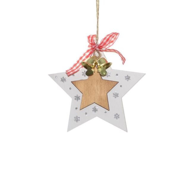 Shatchi Christmas Tree Ornaments Wooden Aesthetic Hanging Decorations set of 6 pcs with Ribbons & Bells Xmas DIY Holiday in White - image 1