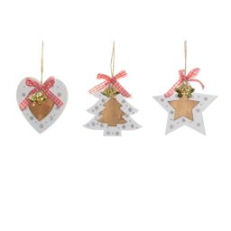 Shatchi Christmas Tree Ornaments Wooden Aesthetic Hanging Decorations set of 6 pcs with Ribbons & Bells Xmas DIY Holiday in White - thumbnail 5