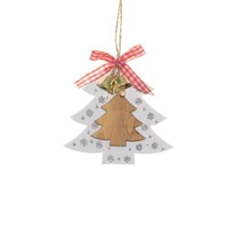 Shatchi Christmas Tree Ornaments Wooden Aesthetic Hanging Decorations set of 6 pcs with Ribbons & Bells Xmas DIY Holiday in White - thumbnail 3