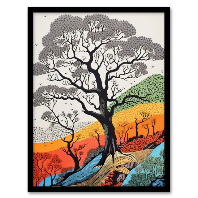 Artery8 Wall Art Print Gond Style Yosemite Forest Trees Colourful Painting Framed - Size: A4 - image 1