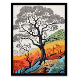 Artery8 Wall Art Print Gond Style Yosemite Forest Trees Colourful Painting Framed - Size: A4 - thumbnail 1