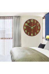 Living and Home D30Cm Imitation Walnut Grain Luminous Arabic Numerals Wall Clock in Brown