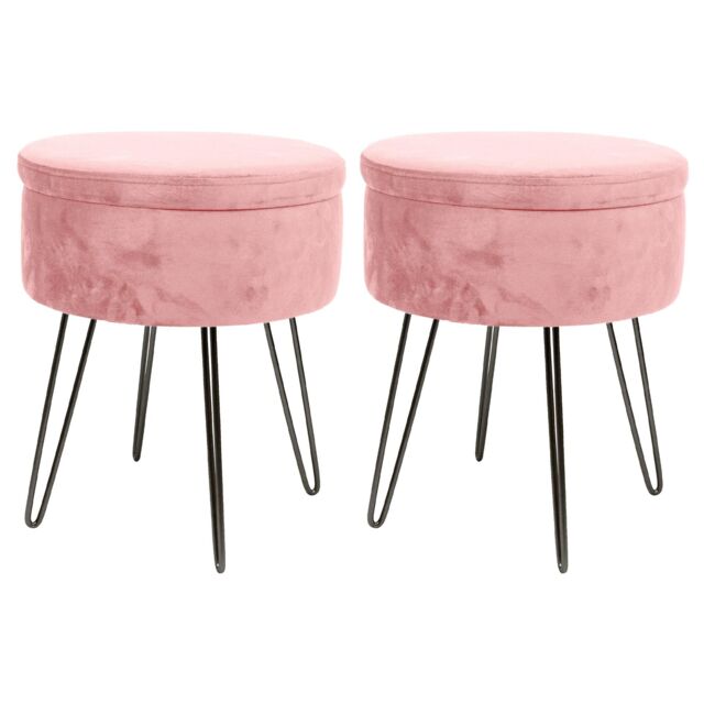 Harbour Housewares Round Velvet Storage Footstools - H45 x D36cm - Black Legs - Pack of 2 in Pink - image 1