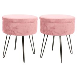 Harbour Housewares Round Velvet Storage Footstools - H45 x D36cm - Black Legs - Pack of 2 in Pink - thumbnail 1