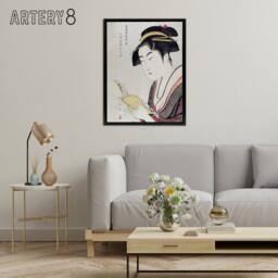 "Artery8 Woman Portrait With Book Framed Canvas Wall Art Print Utamaro Kitagawa in Grey - Size: W12"" x H16""" - thumbnail 3