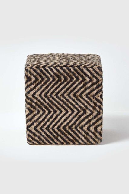 Homescapes Herringbone Jute Cube Pouffe in Black - image 1