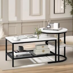Pirlo Plush Faux Marble 2PC Nesting Tables Set Living Room Furniture in Black - thumbnail 1