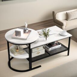 Pirlo Plush Faux Marble 2PC Nesting Tables Set Living Room Furniture in Black - thumbnail 4