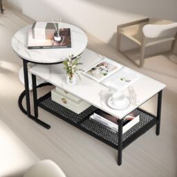 Pirlo Plush Faux Marble 2PC Nesting Tables Set Living Room Furniture in Black - thumbnail 2
