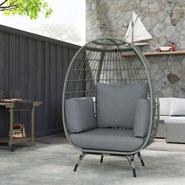 OUTSUNNY PE Rattan Egg Chair w/ Padded Cushions for Garden, Charcoal Grey in Dark Grey - image 1