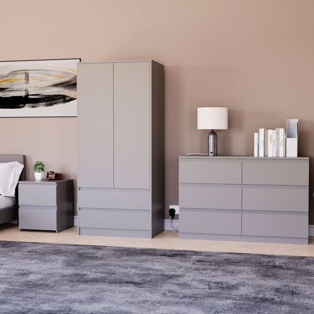 Home Discount Vida Designs Denver Bedroom Set (2 Dr Bedside, 6 Dr Chest, Wardrobe) in Grey - image 1