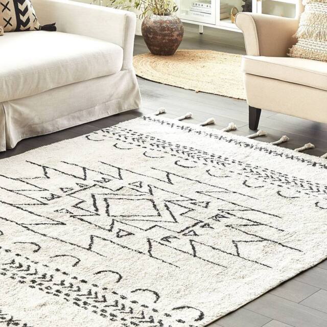 Wyld and Coco Cotton Rug 160 x 230 cm Off-White and Black Geometric with Tassels in White - Size: 160 cm x 230 cm - image 1