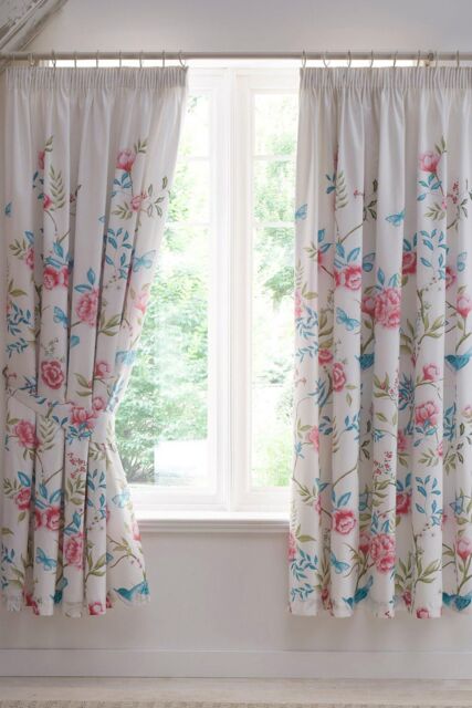 Dreams & Drapes 'Amelle' Floral Print Pair of Pencil Pleat Curtains With Tie-Backs in Blue - Size: 168 cm width x 183 cm drop - image 1