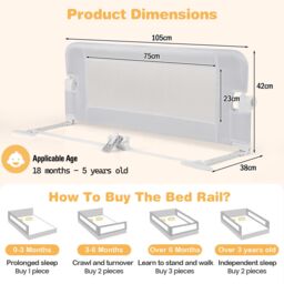 Costway Foldable Toddler Bed Rail Baby Safety Guard w/Removable Cover in White - thumbnail 2