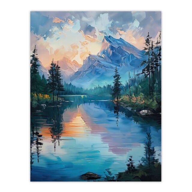 "Artery8 Lake District Helvellyn Sunset Oil Painting Calm Wall Art Print in Blue - Size: W18"" x H24""" - image 1
