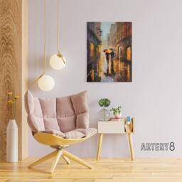"Artery8 Couple With Umbrellas Rainy Cityscape Canvas Wall Art Print - Size: W18"" x H24""" - thumbnail 3