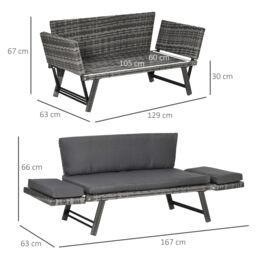 OUTSUNNY 2 in 1Rattan Folding Chaise Lounger w/ Cushion for Garden in Grey - thumbnail 3