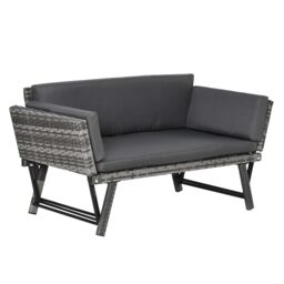 OUTSUNNY 2 in 1Rattan Folding Chaise Lounger w/ Cushion for Garden in Grey - thumbnail 2