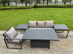 Fimous Aluminum 5 Piece Lounge Seating Set with Lifting Table & 2 Side Tables in Dark Grey - thumbnail 2