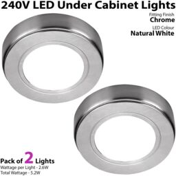 Loops 2x CHROME Round Surface or Flush Under Cabinet Kitchen Light Kit - 240V Mains Powered - Natural White LED - thumbnail 2