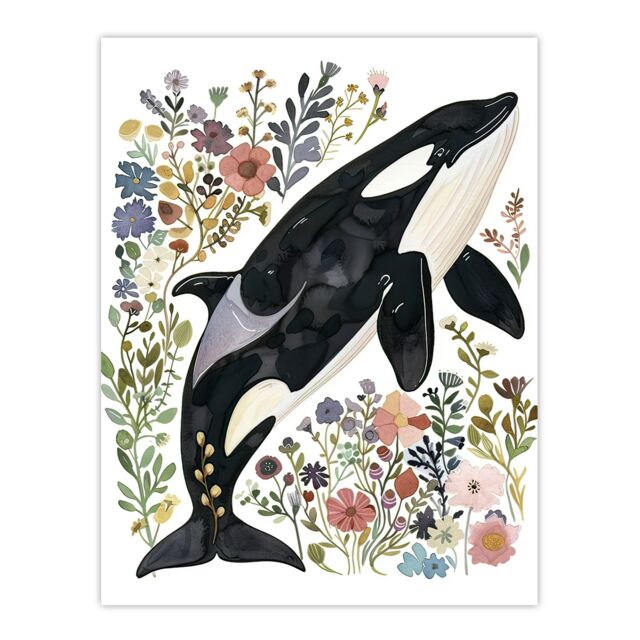 "Artery8 Orca Killer Whale with Wildflowers Bright Floral Wall Art Print - Size: W24"" x H32""" - image 1