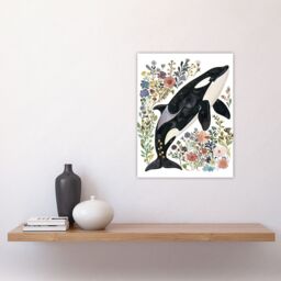 "Artery8 Orca Killer Whale with Wildflowers Bright Floral Wall Art Print - Size: W24"" x H32""" - thumbnail 4