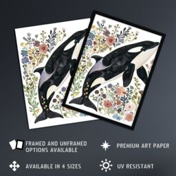 "Artery8 Orca Killer Whale with Wildflowers Bright Floral Wall Art Print - Size: W24"" x H32""" - thumbnail 2
