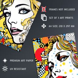 Artery8 Set of 3 Pop Art Women Faces Artworks Comic Book Style Portraits with Patterns Unframed Wall Art Living Room Poster Prints Pack - Size: A4 - thumbnail 4