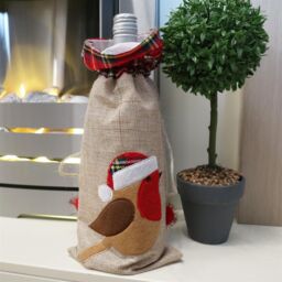 Shatchi Wine Bottle Liquor Cover Bag with Drawstring Printed Pattern Burlap Hessian Linen Novelty Dinner Table Decorations-Reindee in Brown