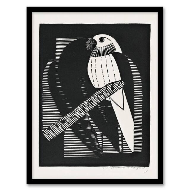 Artery8 Samuel J De Mesquita Framed Wall Art Print Stylised Parakeet Birds in Black - Size: A4 - image 1
