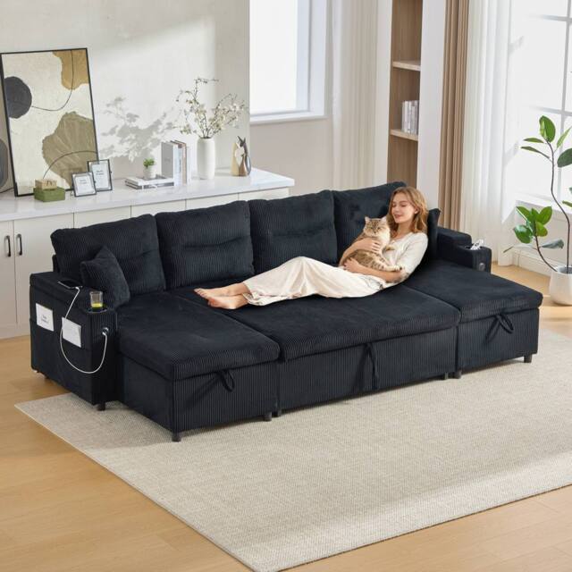 Matteo Contemporary Corduroy 4-Seater Sofa - Dual Chaise, Storage, USB & Bed in Black - image 1