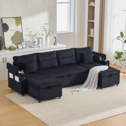 Matteo Contemporary Corduroy 4-Seater Sofa - Dual Chaise, Storage, USB & Bed in Black - thumbnail 2