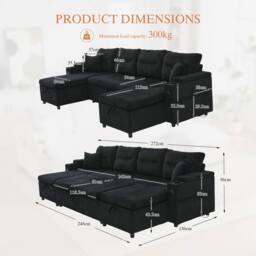 Matteo Contemporary Corduroy 4-Seater Sofa - Dual Chaise, Storage, USB & Bed in Black - thumbnail 4