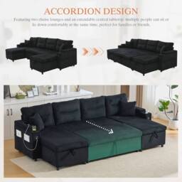 Matteo Contemporary Corduroy 4-Seater Sofa - Dual Chaise, Storage, USB & Bed in Black - thumbnail 6