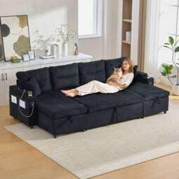 Matteo Contemporary Corduroy 4-Seater Sofa - Dual Chaise, Storage, USB & Bed in Black