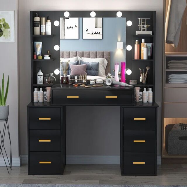 RAC3 Luxury Vanity Makeup Table, LED Lights Large Storage Drawers & Mirror in Black - image 1