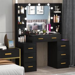 RAC3 Luxury Vanity Makeup Table, LED Lights Large Storage Drawers & Mirror in Black - thumbnail 2