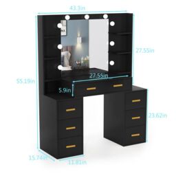 RAC3 Luxury Vanity Makeup Table, LED Lights Large Storage Drawers & Mirror in Black - thumbnail 3